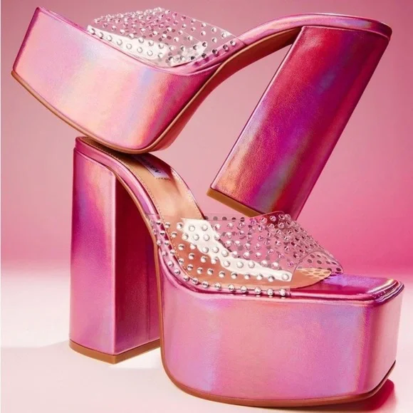 Steve Madden Ruby Embellished Heeled Platform Sandals Iridescent Pink - Picture 11 of 14